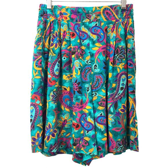 80s 90s High Waist Flowy Rayon Shorts Wide Leg Teal & Multicolor Floral Petite - Picture 7 of 10